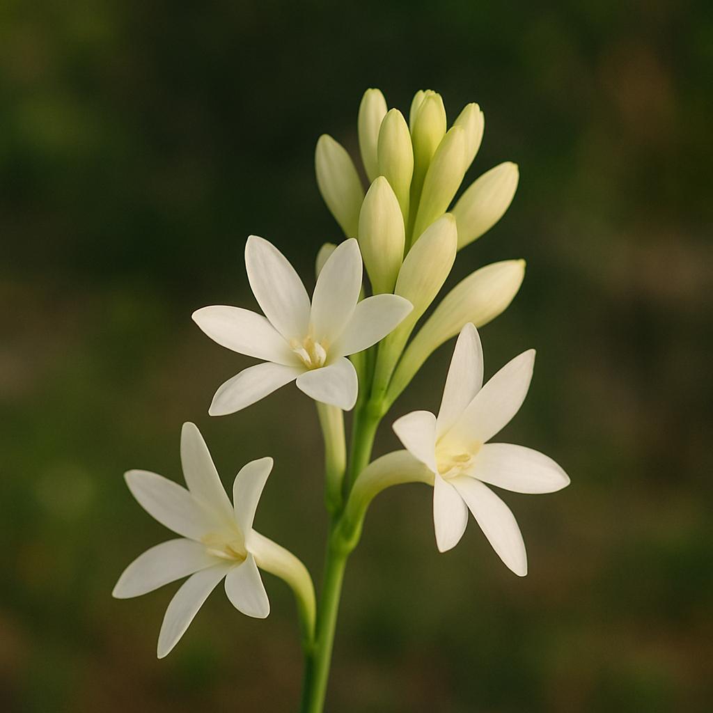Close-up of blooming white tuberose flowers (Polianthes tuberosa) with delicate petals and green buds, captured in soft natural light against a blurred green background.